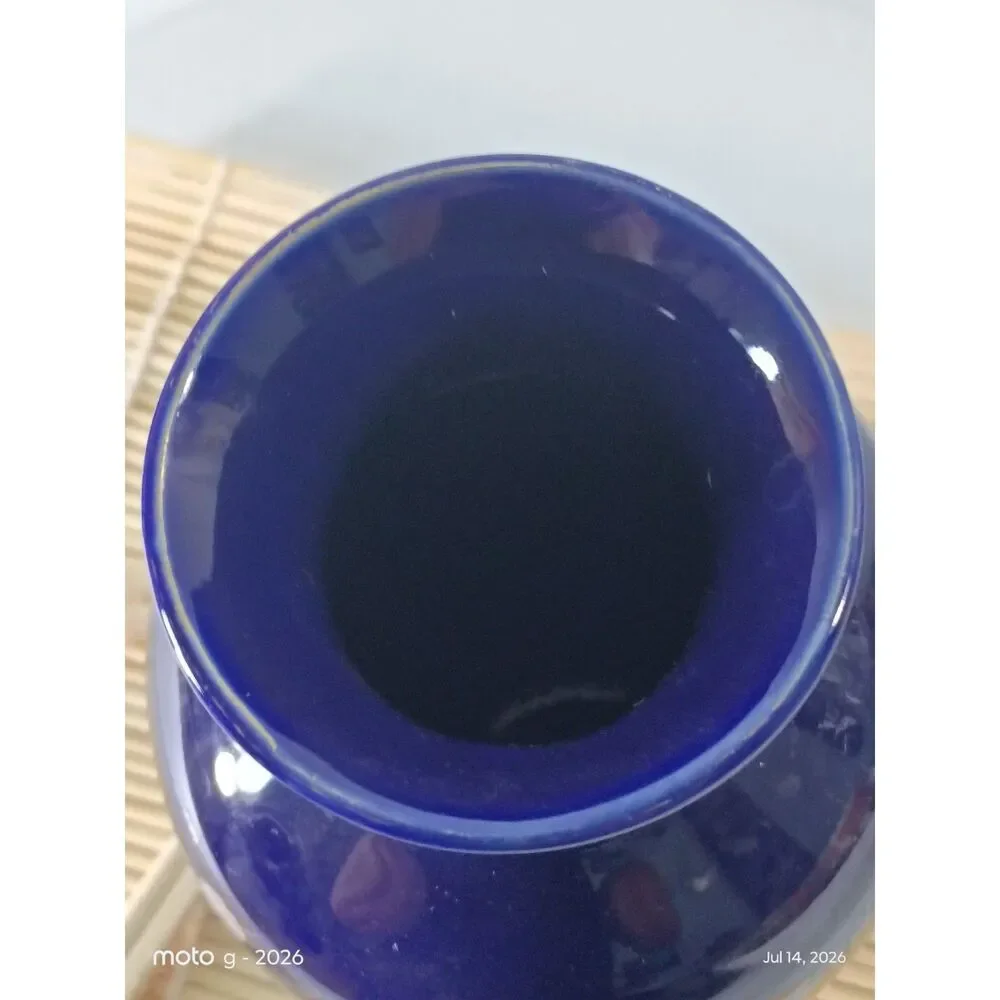 Vintage Cobalt Blue Peacock Flower Vase Gold Trim Japanese Chinoiserie 8
